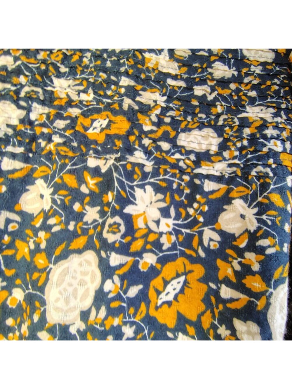 Floral Smocked Prairie Midi Dress Navy Yellow Boho Pockets Medium - Picture 5 of 9